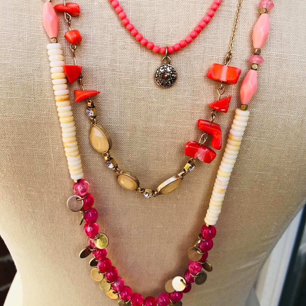 Multi-Strand Necklace Oranges Pink Gold